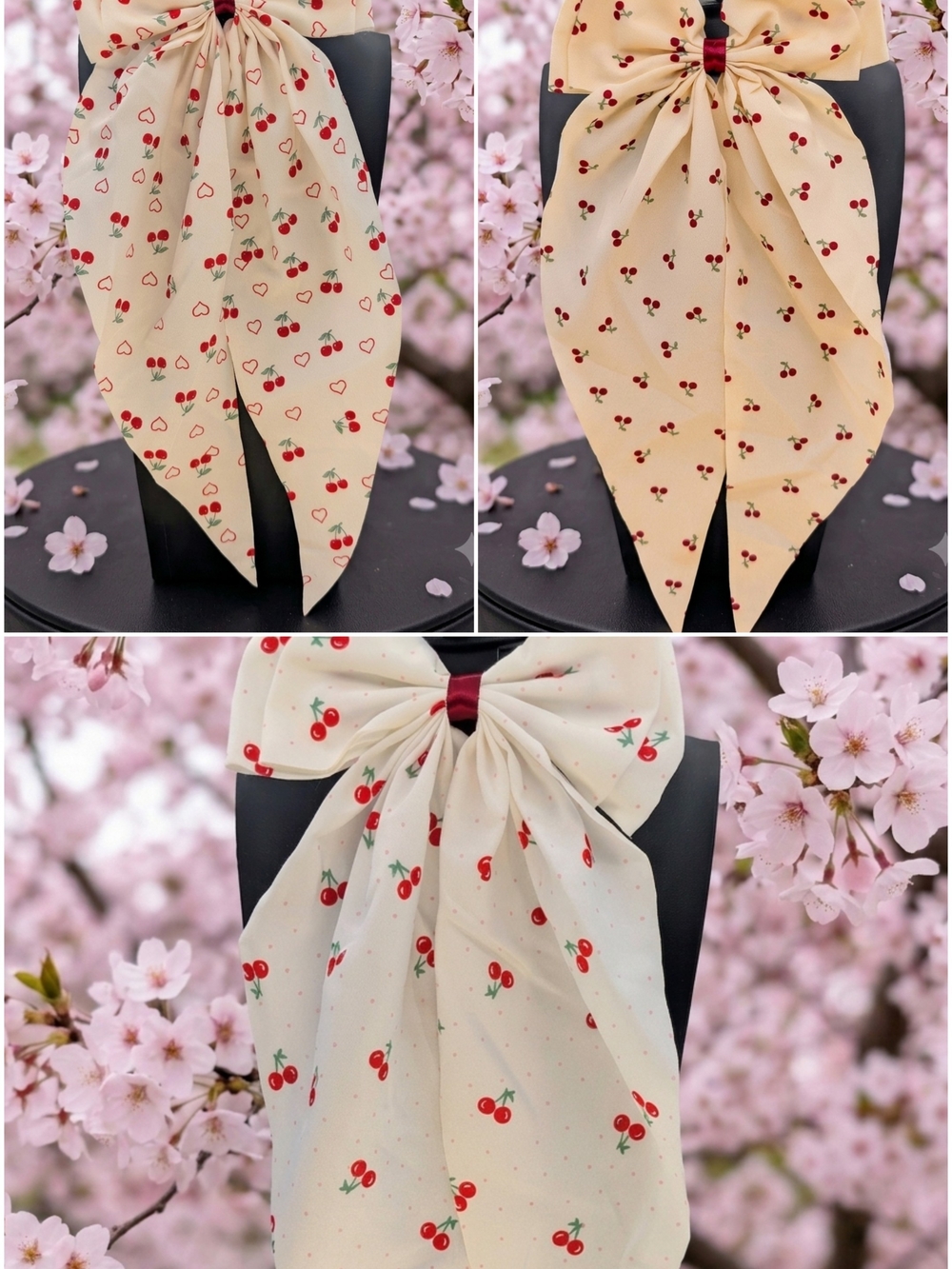 Large Cream Cherry Print Hairbow: Single Or Multi Purchase Options